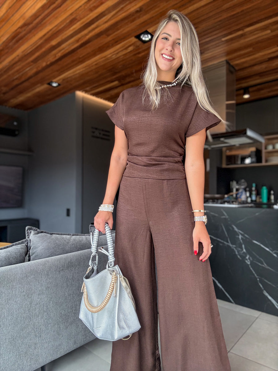 BROWN SHORT SLEEVE JUMPSUIT