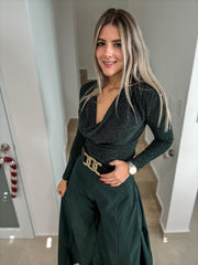 HUNTER GREEN METALLIC LONG SLEEVE COWL NECK BLOUSE