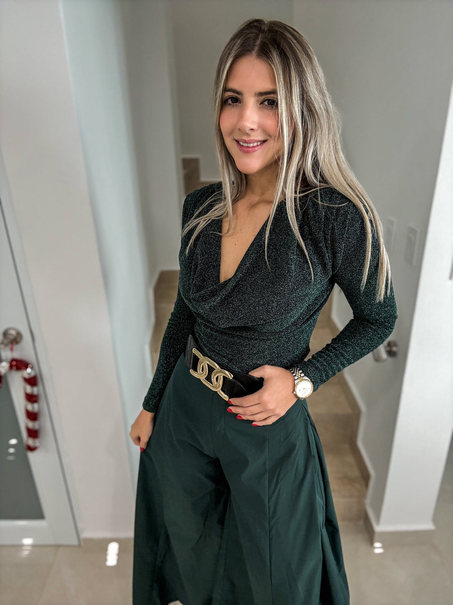 HUNTER GREEN METALLIC LONG SLEEVE COWL NECK BLOUSE