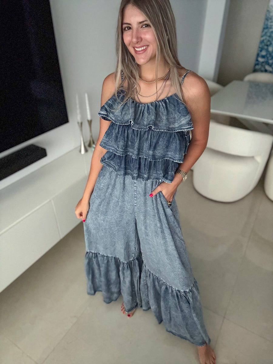DENIM TENCEL RUFFLE JUMPSUIT