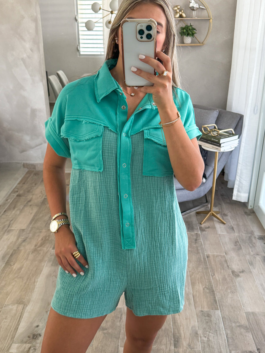 JADE GAUZE MIXED FABRIC ROMPER