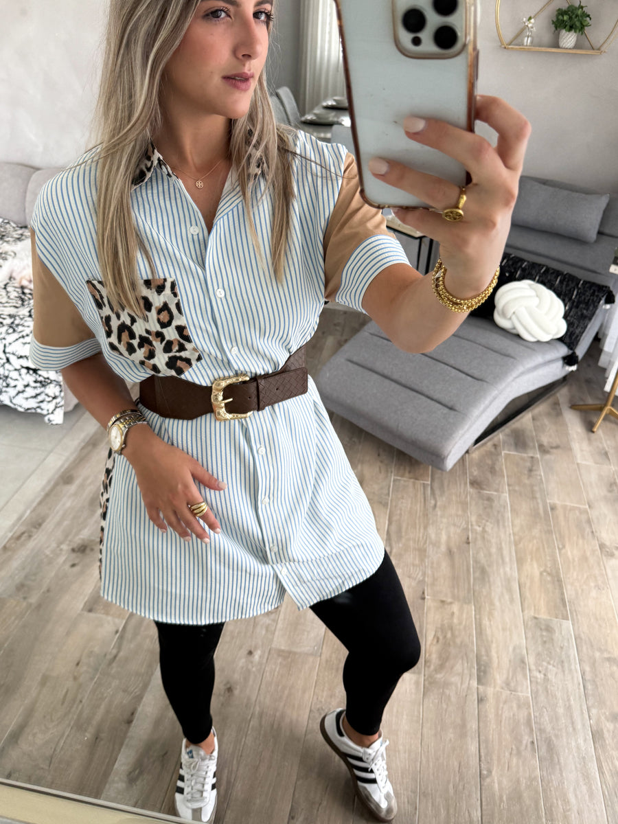 LEOPARD/BLUE SHORT SLEEVE DRESS