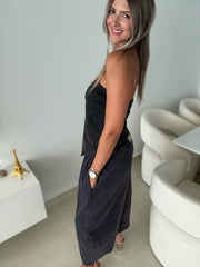 BLACK MINERAL WASH STRAPLESS ASYMMETRIC BLOUSE
