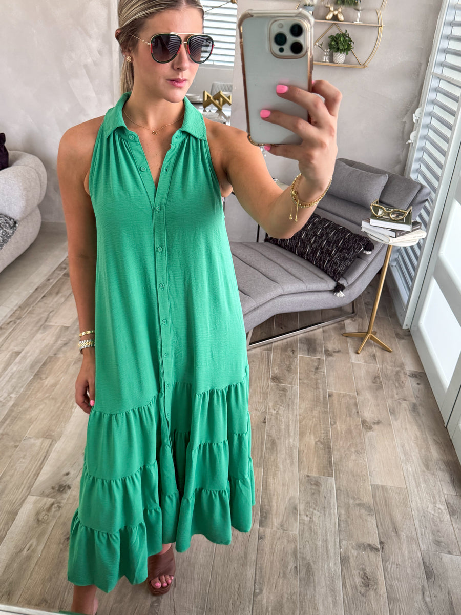 GREEN HALTER SLEEVELESS MIDI DRESS