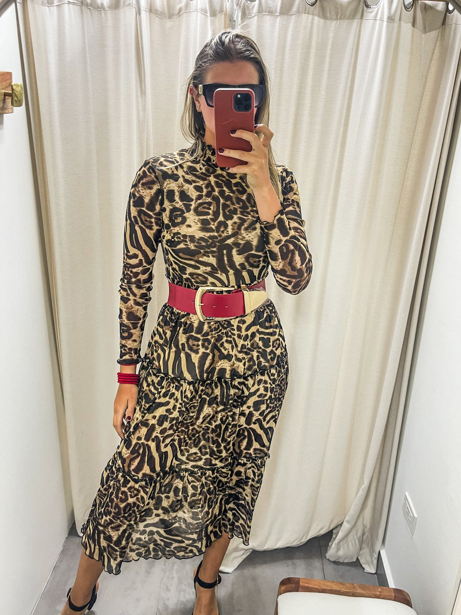 LEOPARD PRINT MESH MIDI DRESS