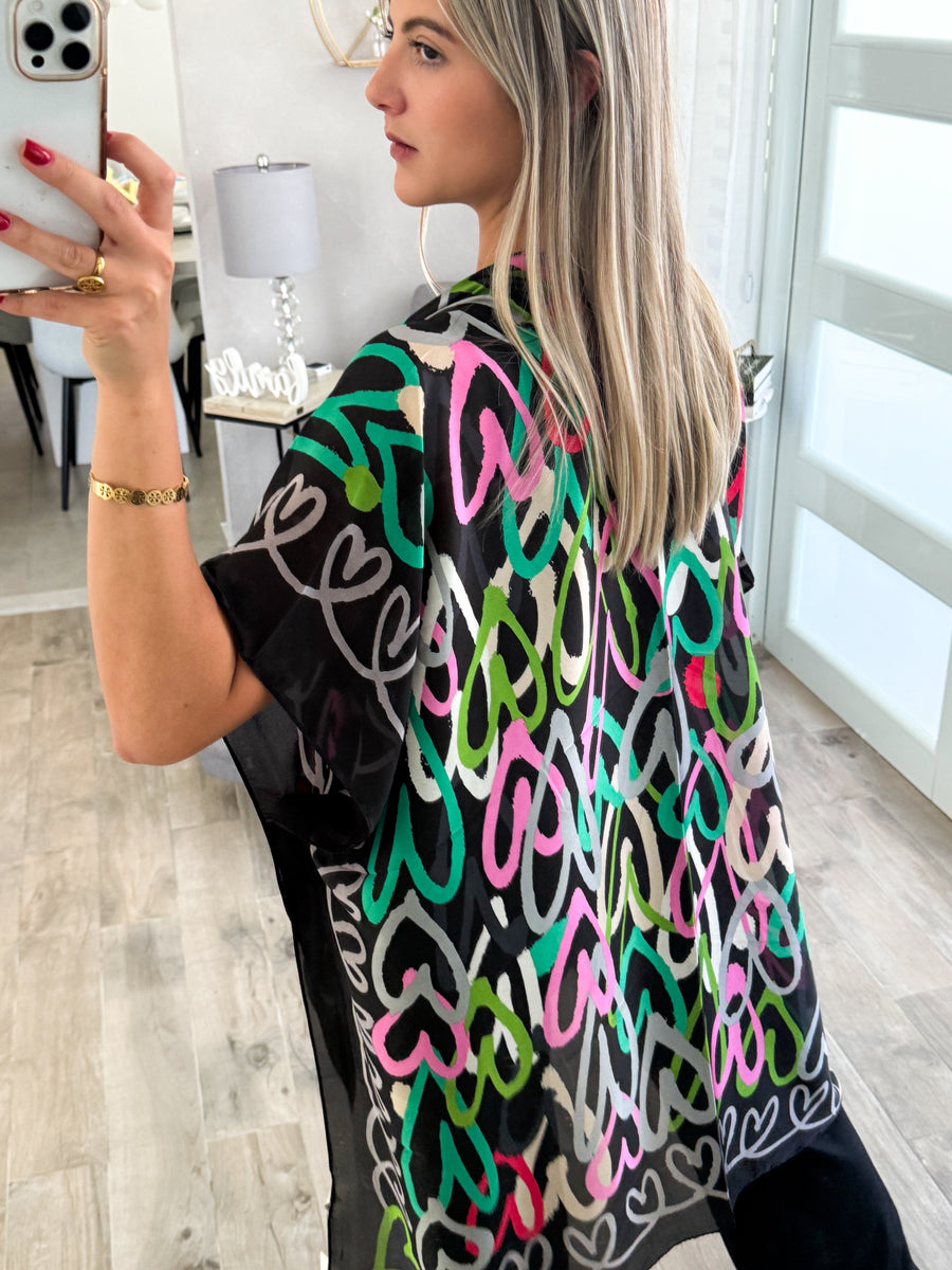 ONE SIZE HEART PRINT SILKY FEEL KIMONO