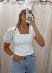 WHITE EYELET SLEEVES BLOUSE