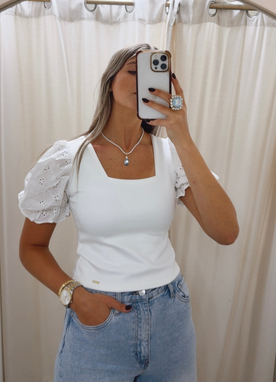 WHITE EYELET SLEEVES BLOUSE