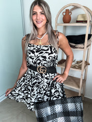 BLACK/IVORY PRINTED RUFFLE DRESS