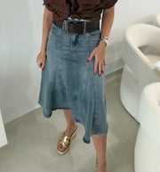 DENIM STRETCHY BELTED SKIRT