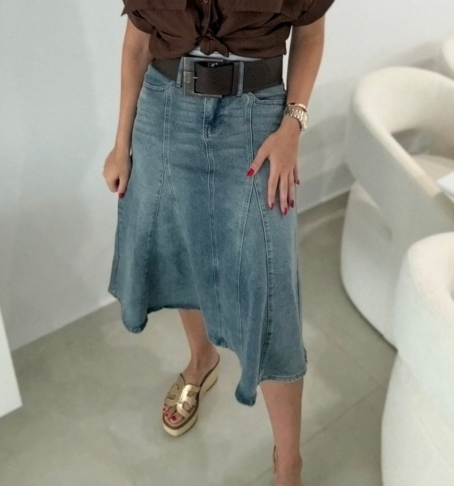 DENIM STRETCHY BELTED SKIRT