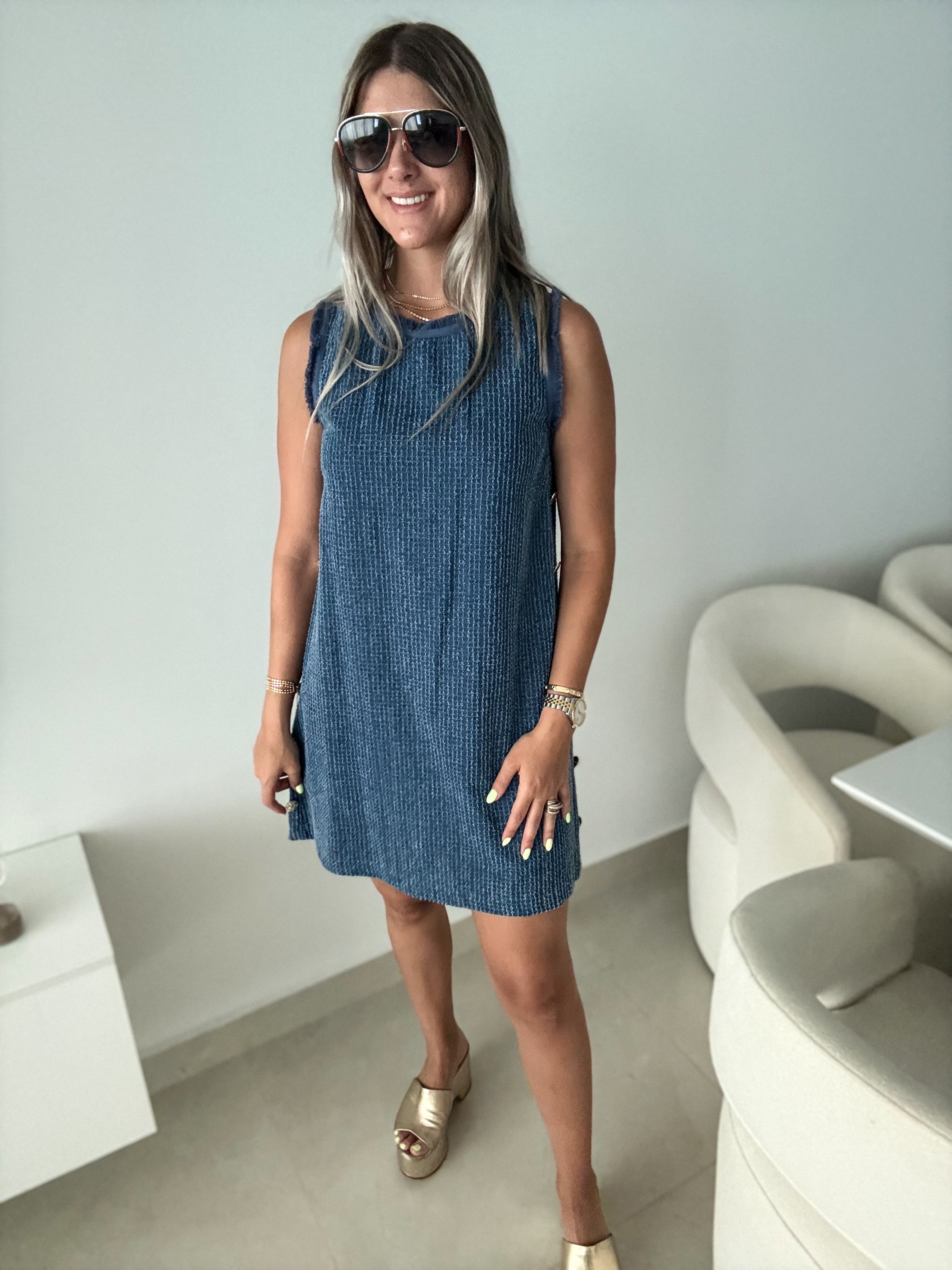 DENIM TWEED SIDE BUTTON DRESS