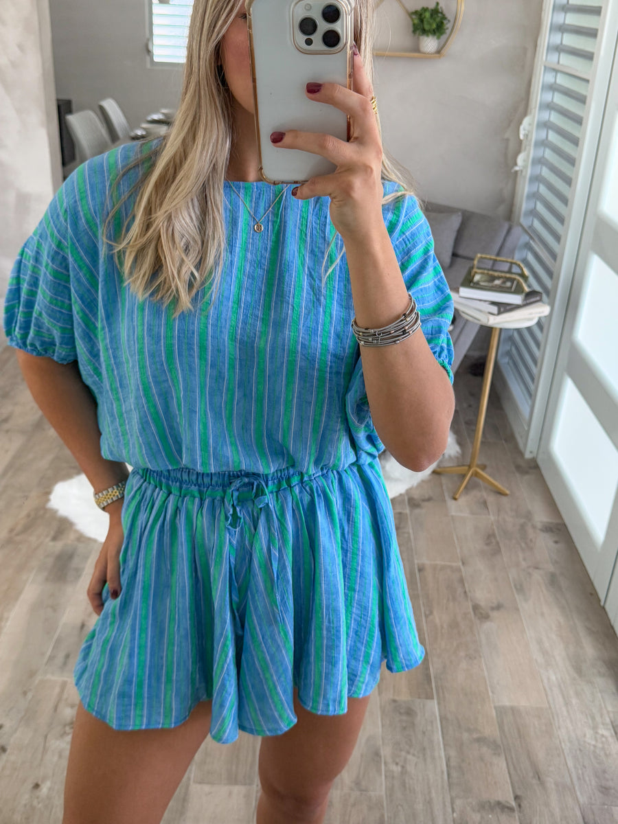 BLUE/GREEN TOP & SHORTS SET