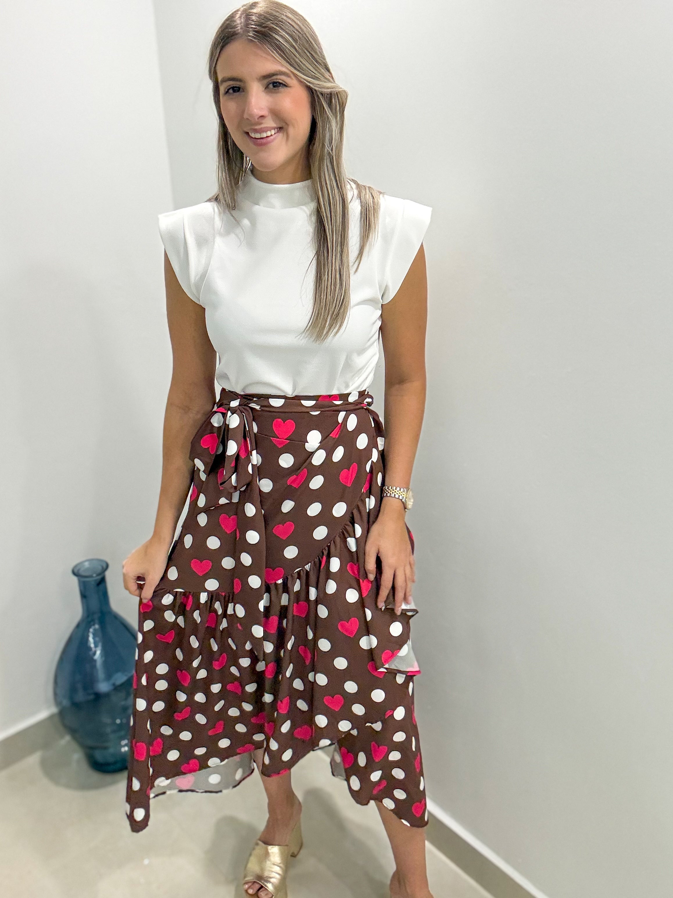 BROWN/WHITE POLKA DOT HEART WRAP AROUND SKIRT