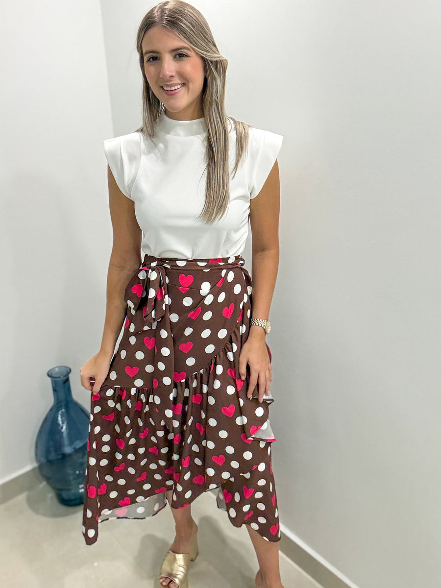 BROWN/WHITE POLKA DOT HEART WRAP AROUND SKIRT