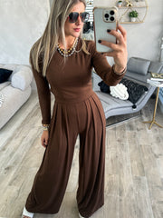 CHOCOLATE LONG SLEEVE CROP TOP & HIGH WAISTED PANT SET