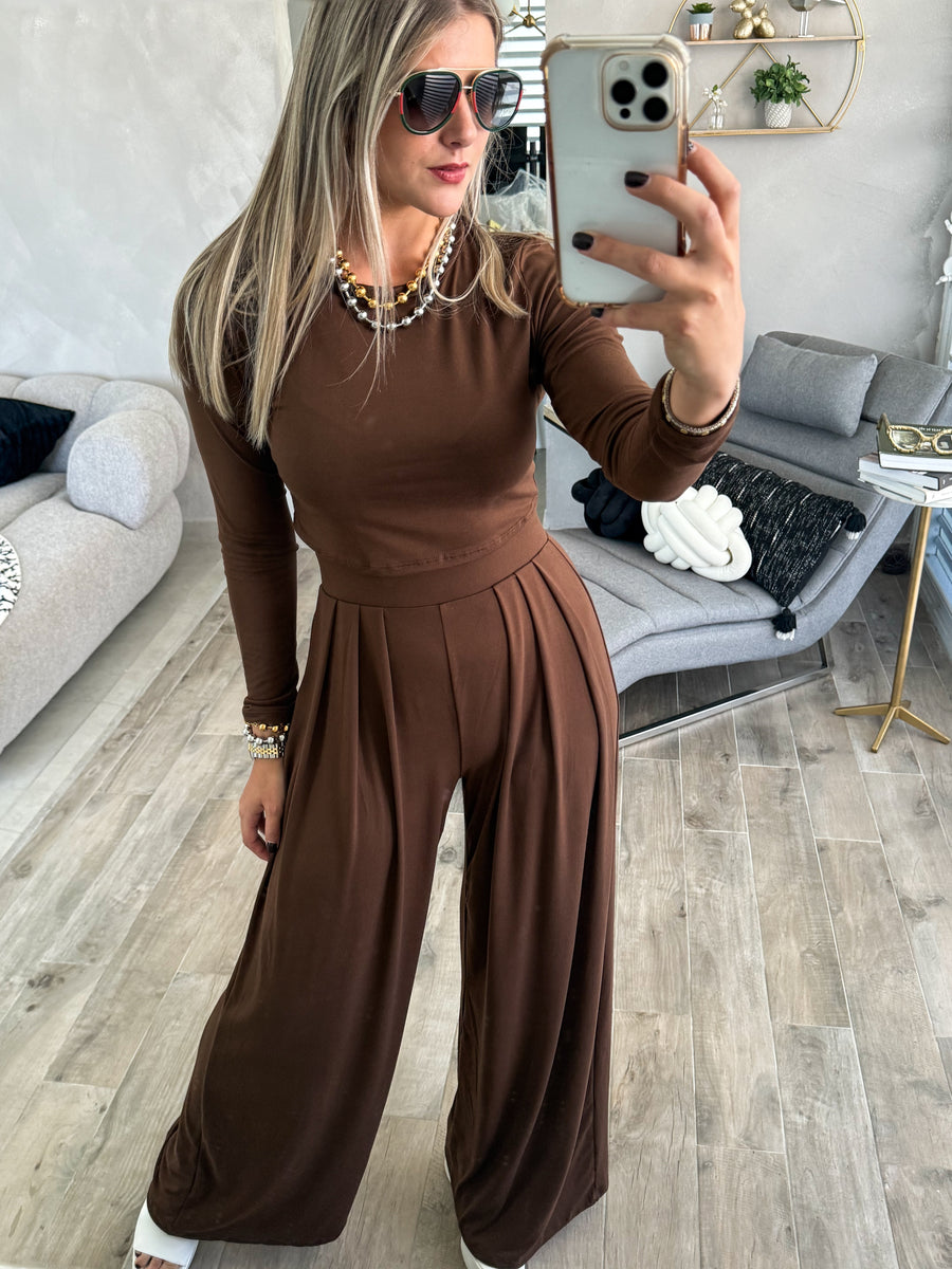CHOCOLATE LONG SLEEVE CROP TOP & HIGH WAISTED PANT SET