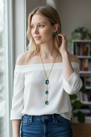 LONG GEM SQUARE NECKLACE SET IN AQUA