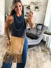 FRINGE STUDDED SUEDE CROSSBODY BAG