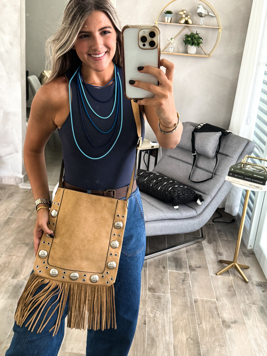 FRINGE STUDDED SUEDE CROSSBODY BAG