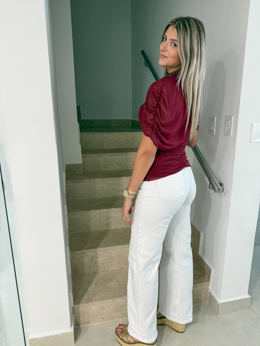 BURGUNDY MESH RUCHED BLOUSE