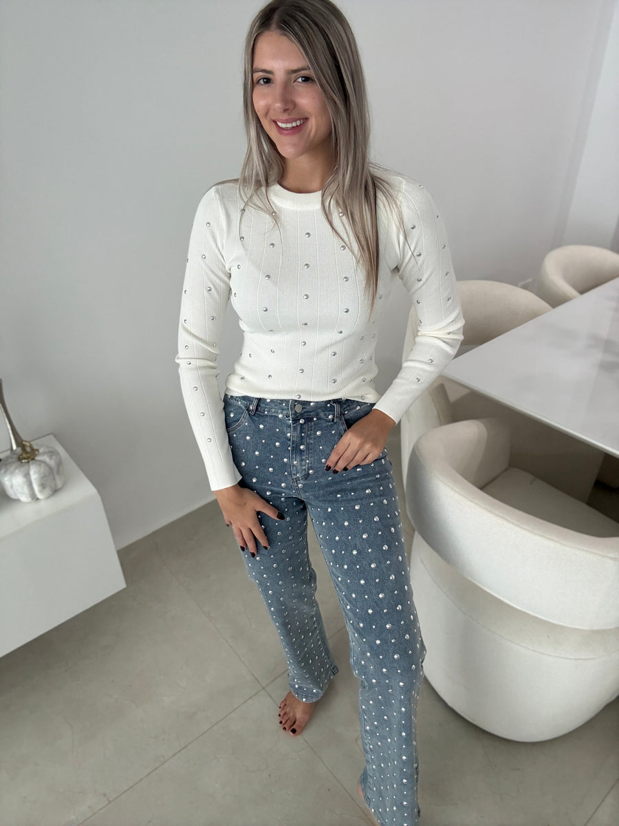 STUDDED LONG SLEEVE KNITTED TOPS