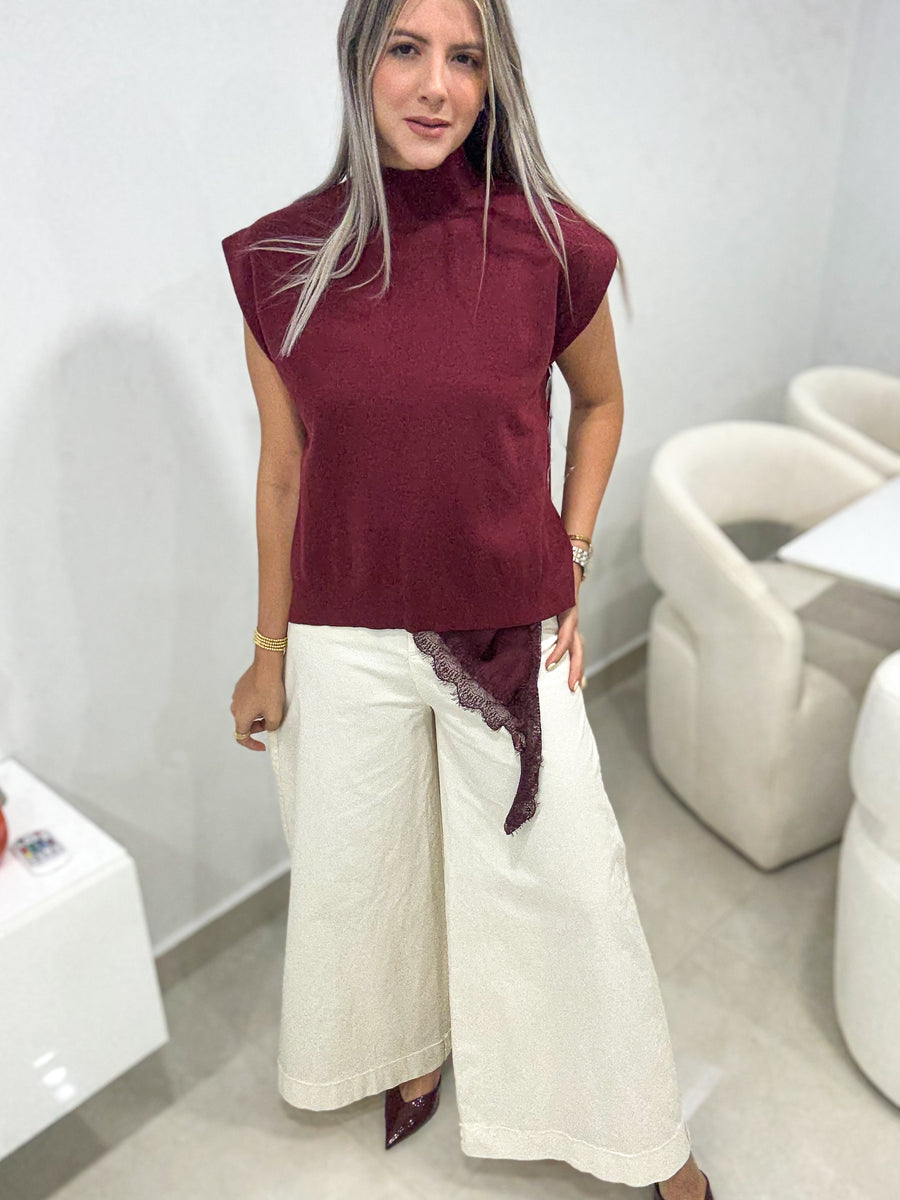 WINE MOCK NECK KNITTED BLOUSE