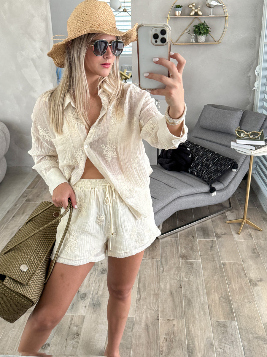 CREAM EMBROIDED TOP & SHORT SET