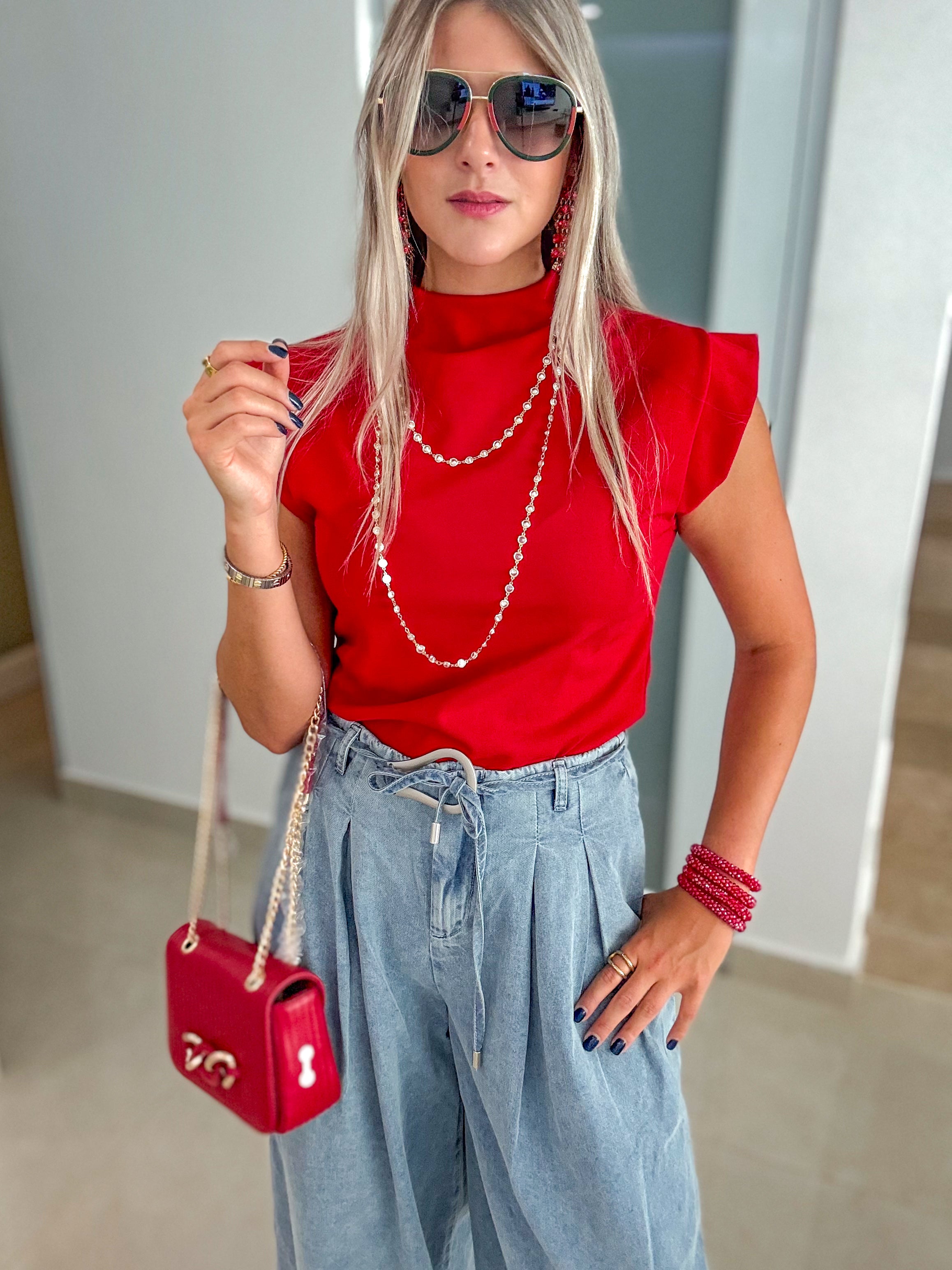 RED MOCK NECK BLOUSE