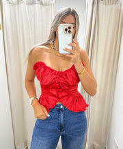 RED SATIN RUFFLED BLOUSE