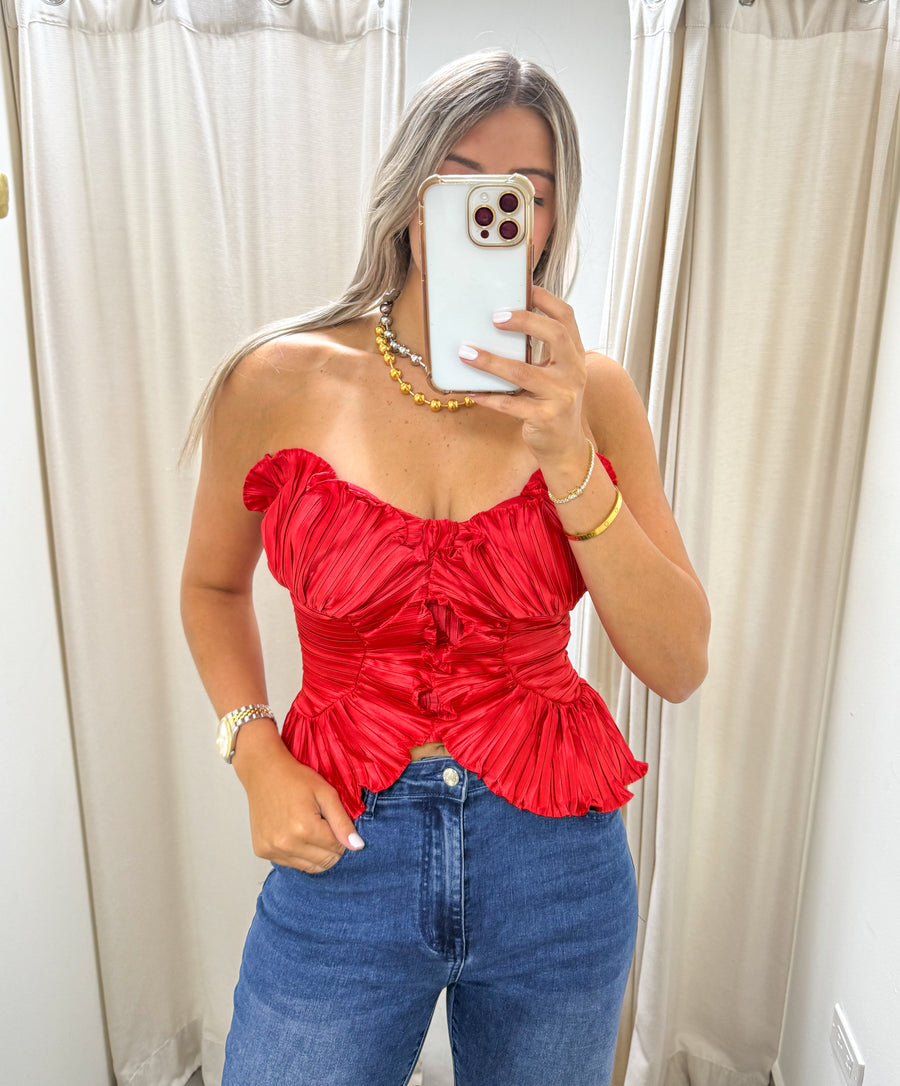 RED SATIN RUFFLED BLOUSE