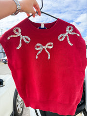 WINE RIBBON SEQUIN SHORT SLEEVES SWEATER TOP