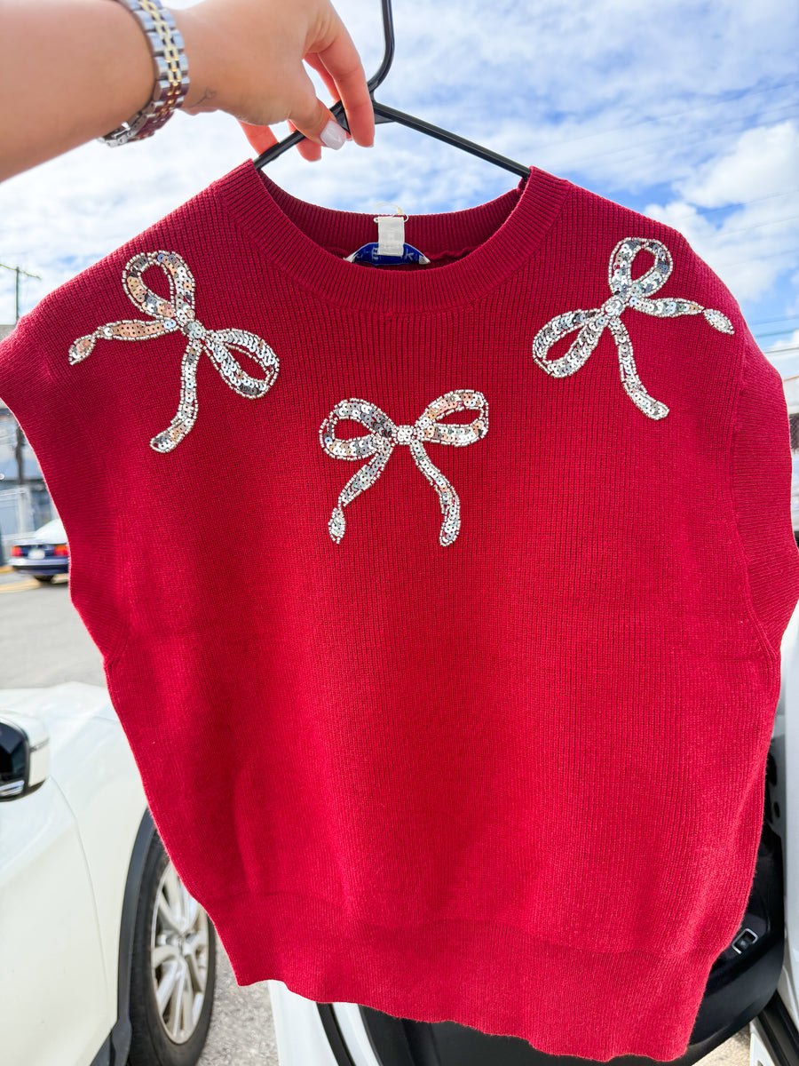 WINE RIBBON SEQUIN SHORT SLEEVES SWEATER TOP