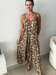 GOLD/BLACK LEAF MAXI DRESS