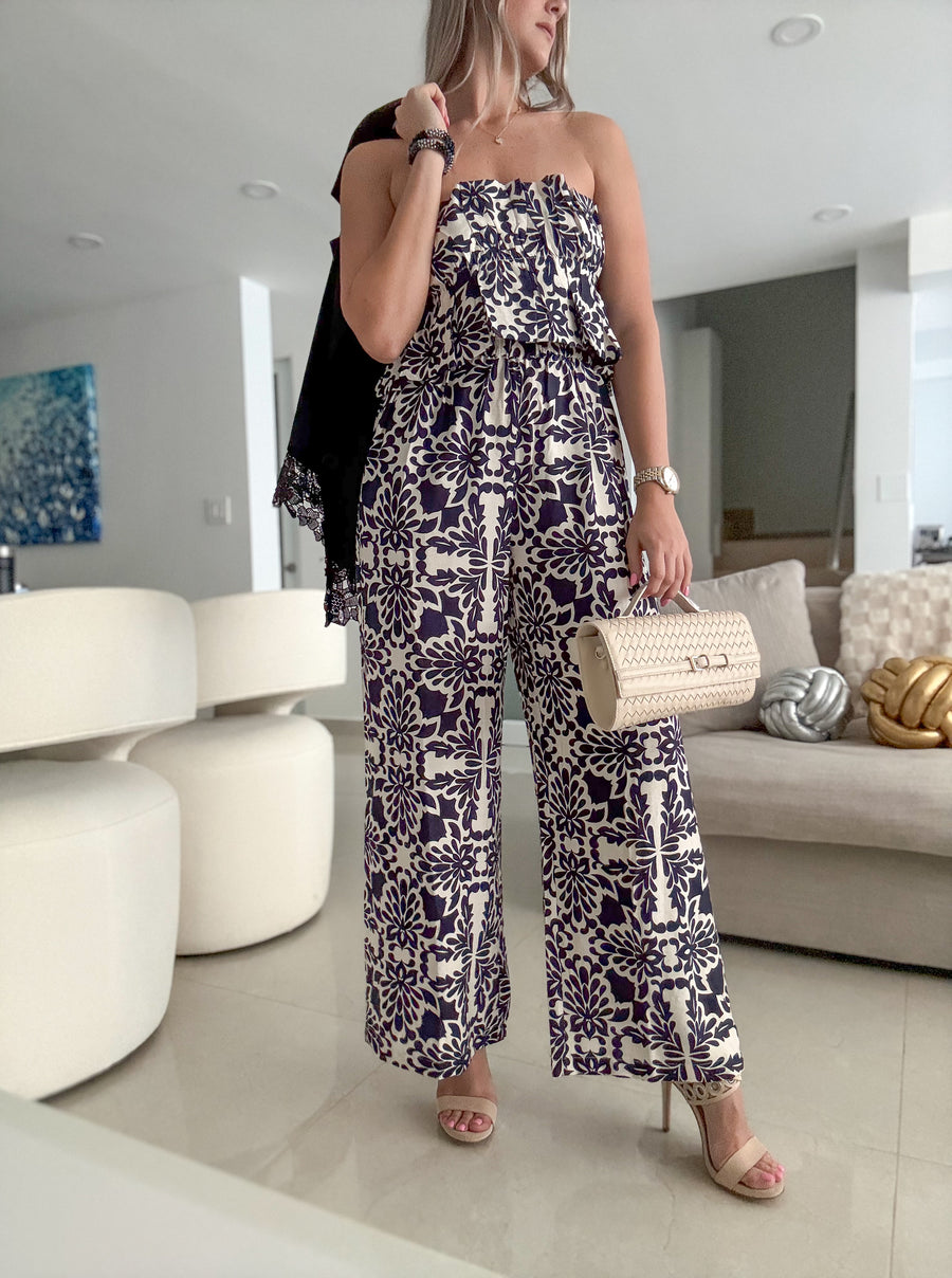 STRAPLESS NAVY PRINTED JUMPSUIT
