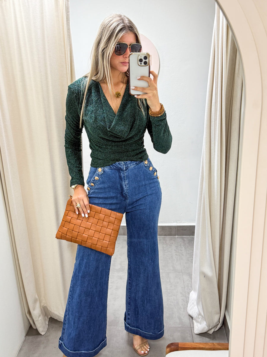 HUNTER GREEN METALLIC LONG SLEEVE COWL NECK BLOUSE