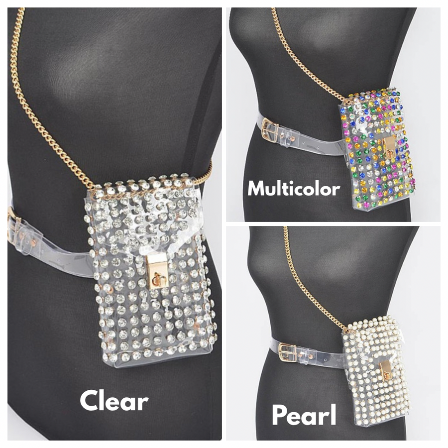 RHINESTONE BELT BAG W/CHAIN