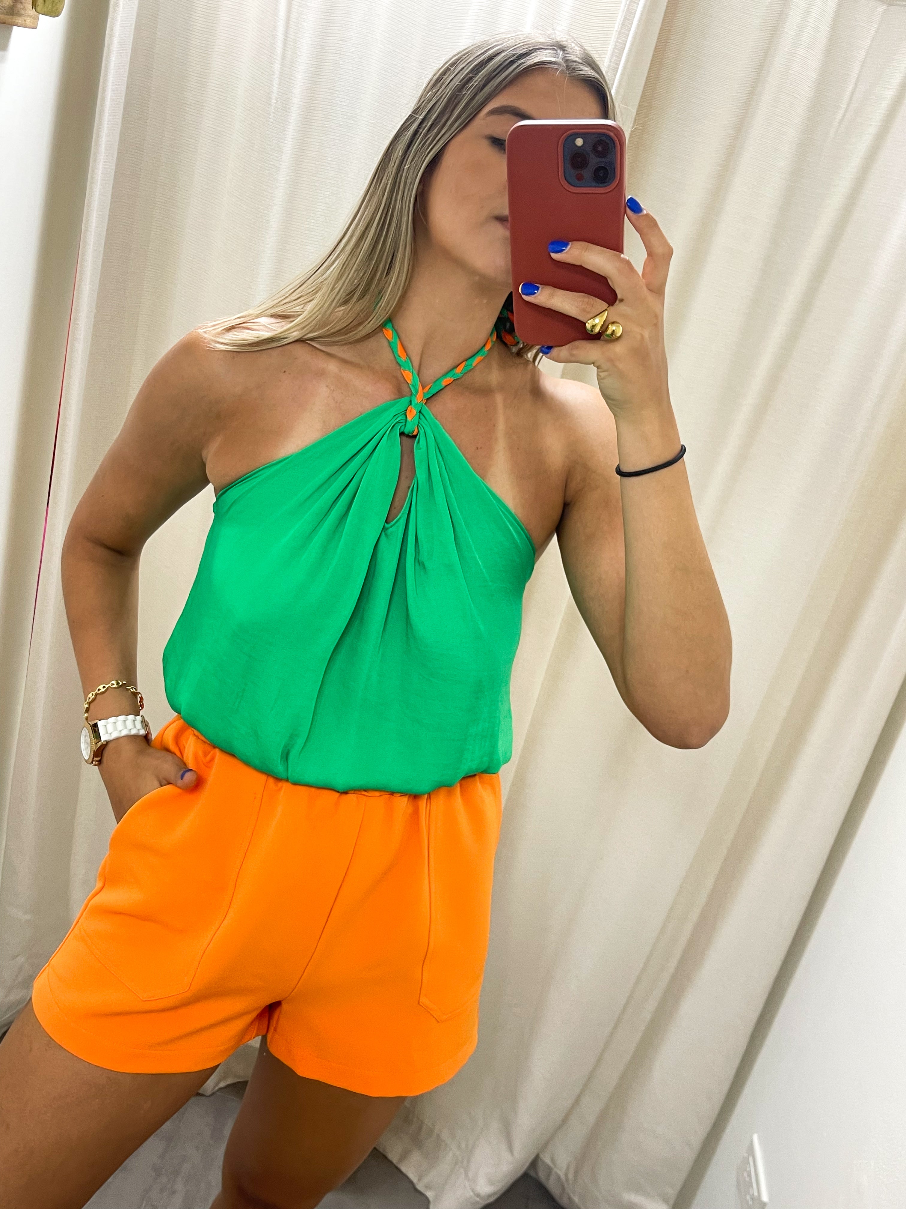 GREEN SATIN BRAIDED TOP
