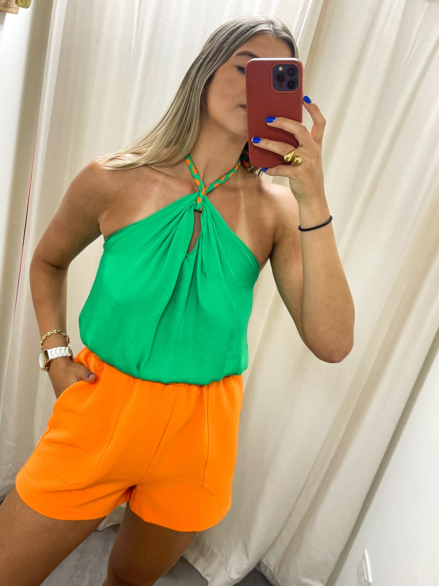 GREEN SATIN BRAIDED TOP