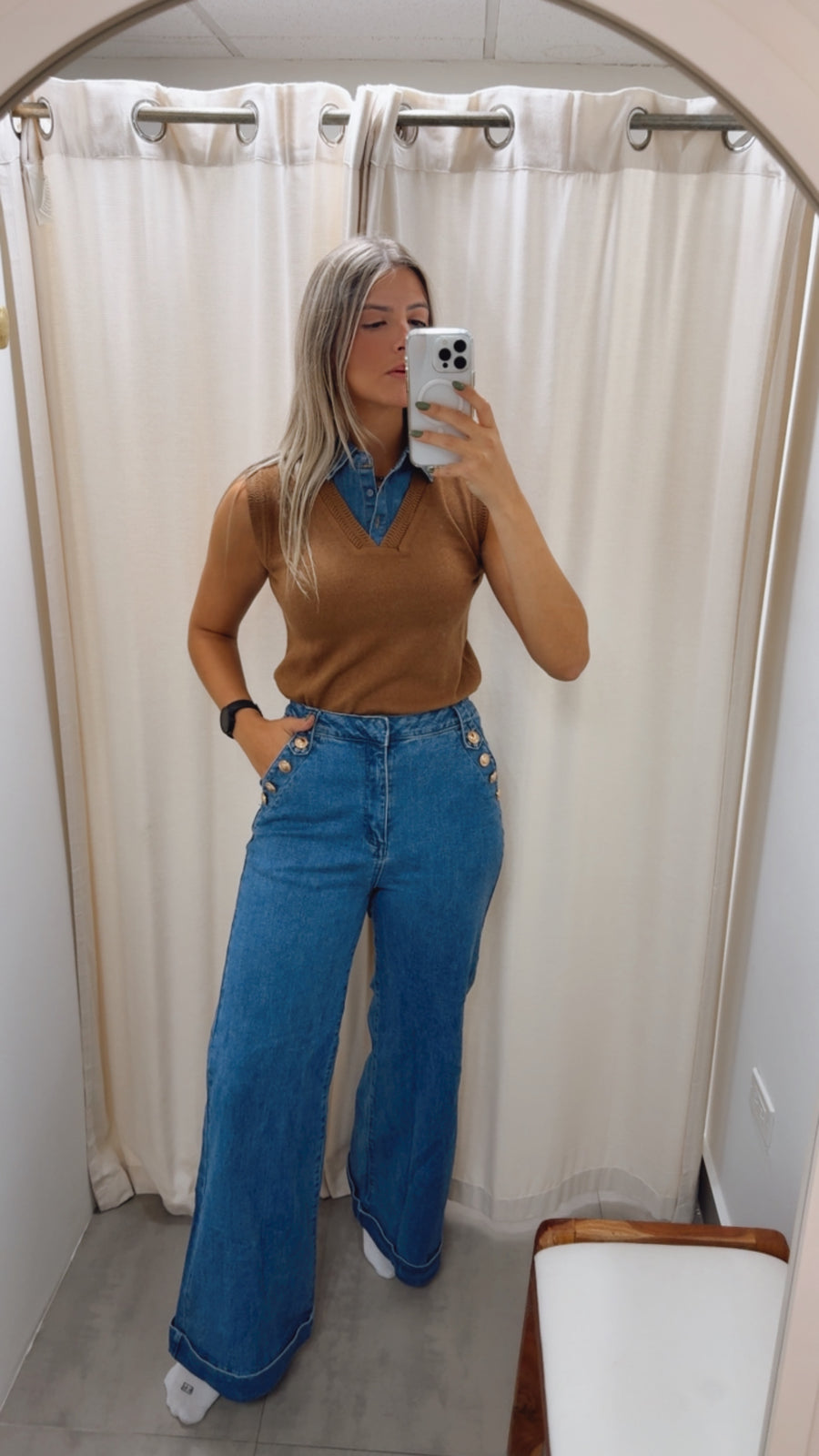 DENIM REMOVABLE TIE KNITTED TOP