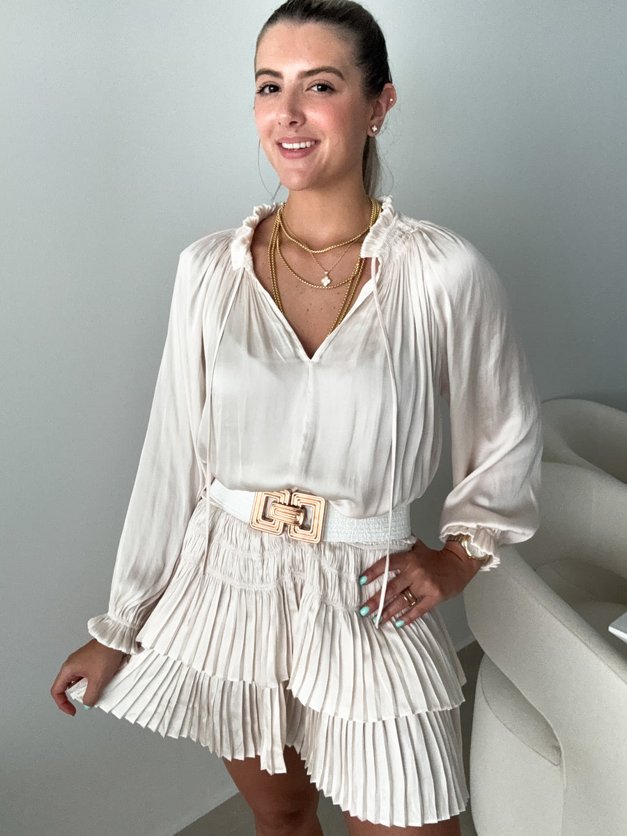 CREAM SATIN PLEATED BOTTOM SHORT DRESS