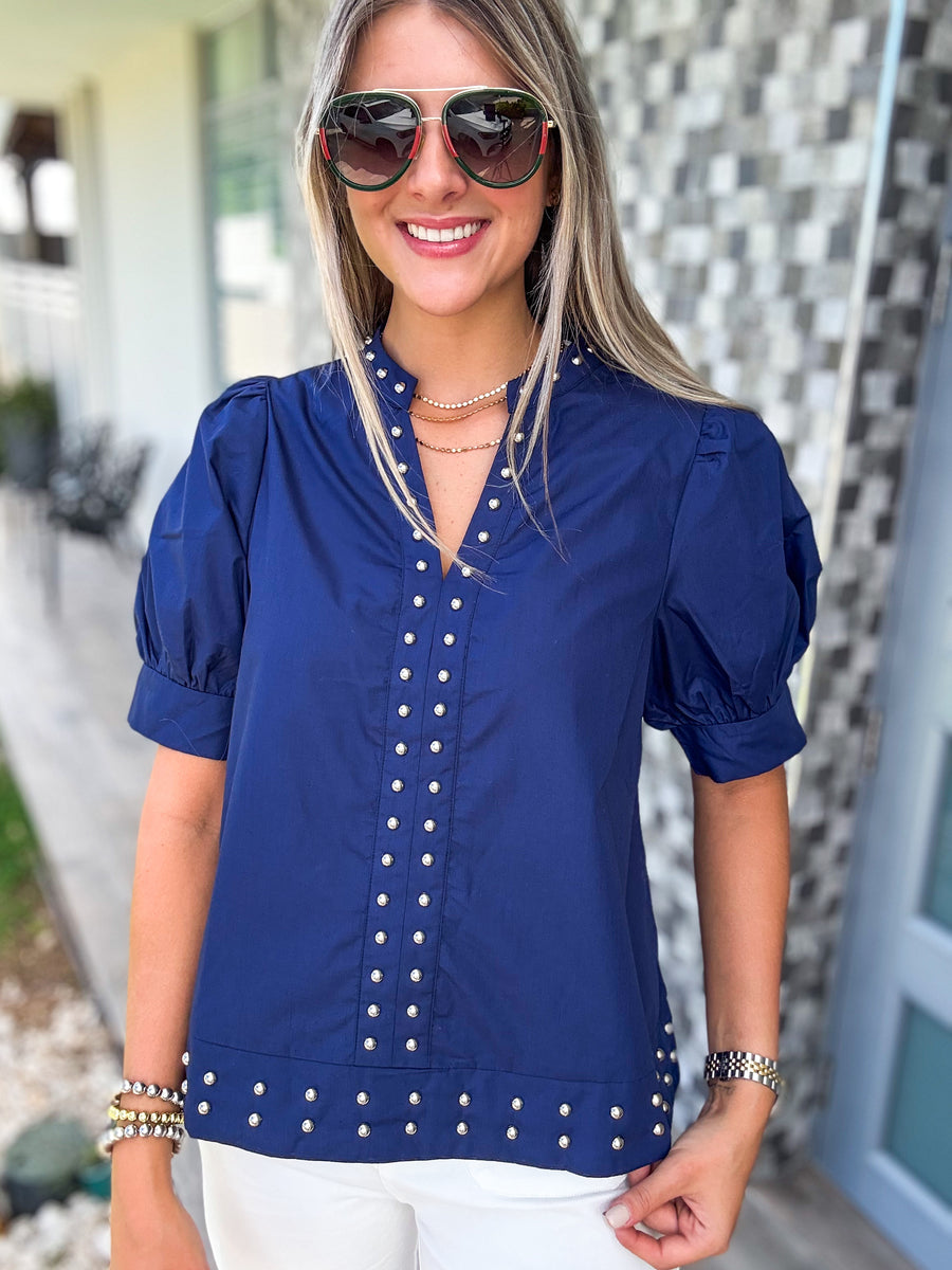 NAVY STUDDED BLOUSE