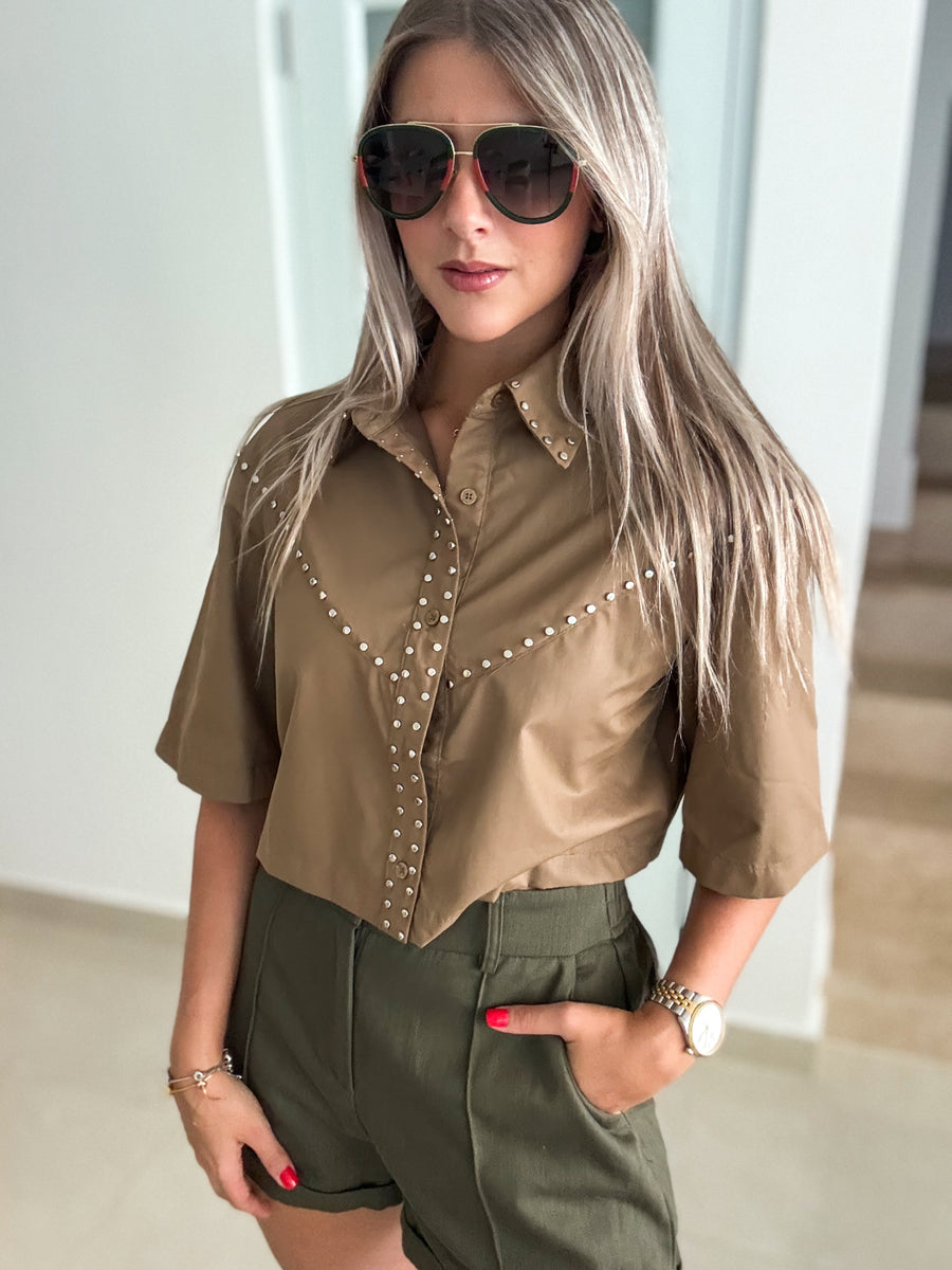 SILVER STUDDED 3/4 BUTTONED CROP BLOUSE