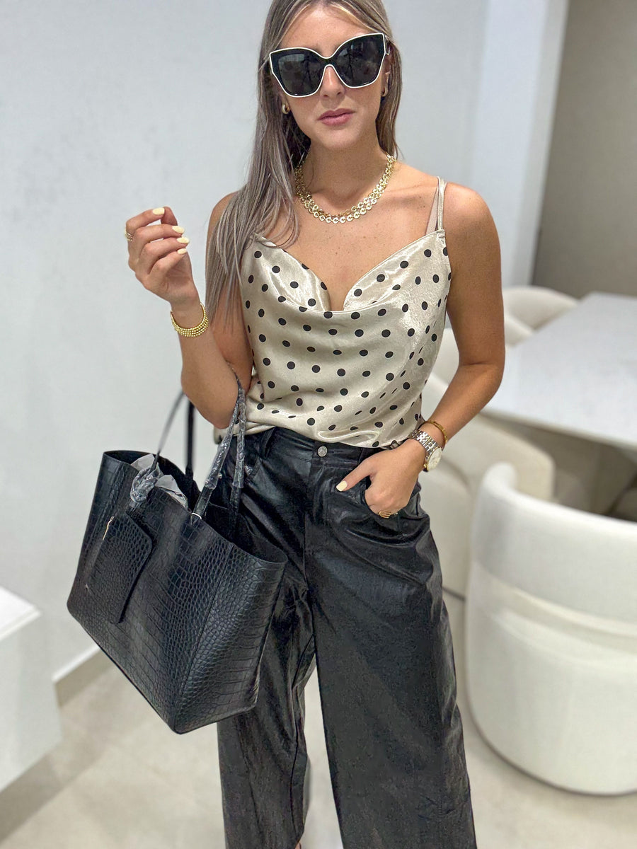 CHAMPAGNE SATIN POLKA DOT CAMI BLOUSE