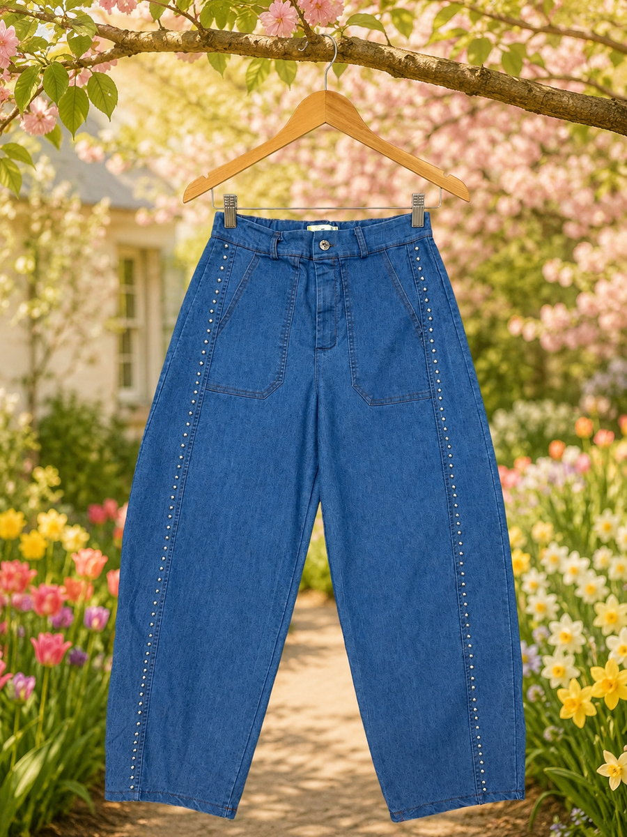 LIGHT BLUE STUDDED BARREL PANTS