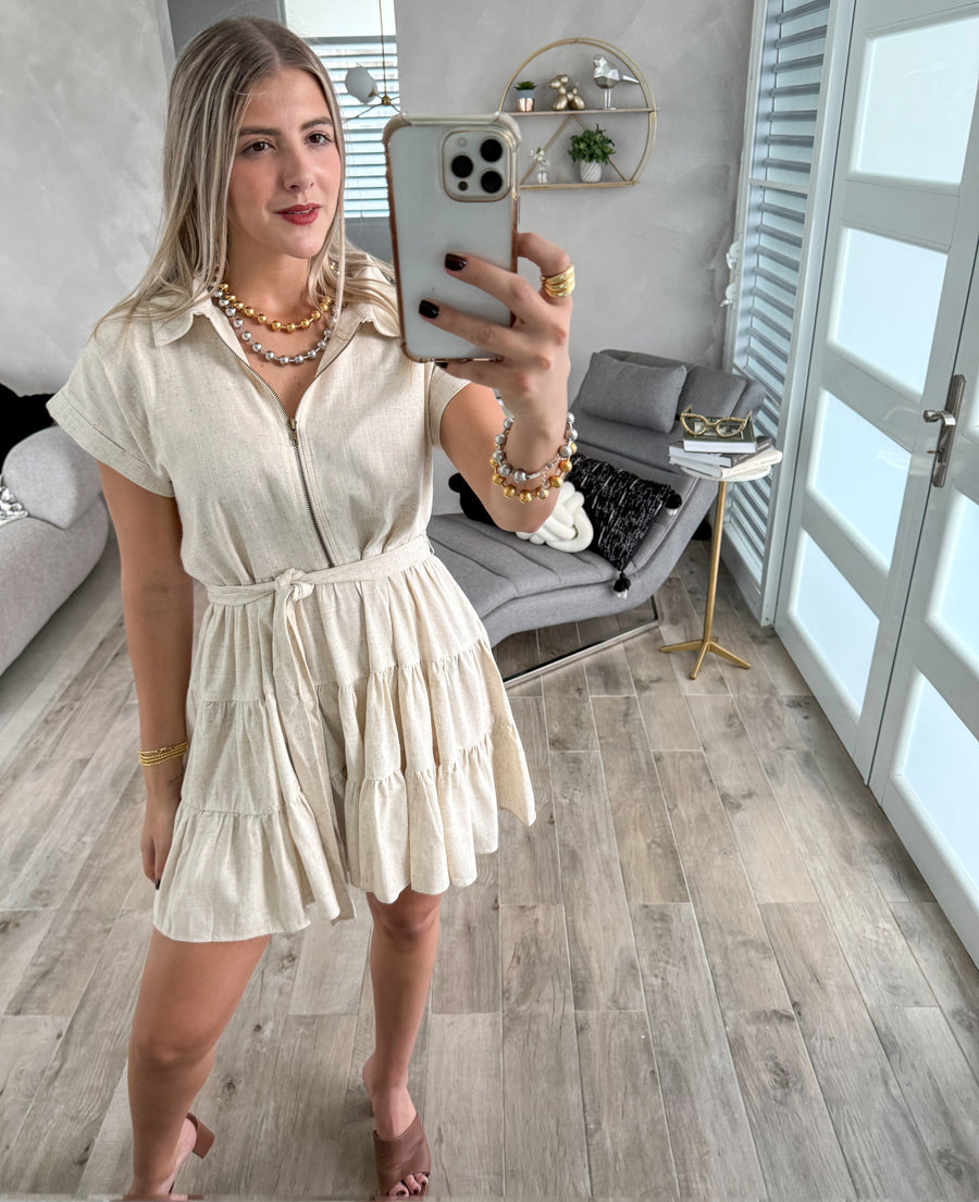 OATMEAL ZIPPER BELTED SHORT DRESS