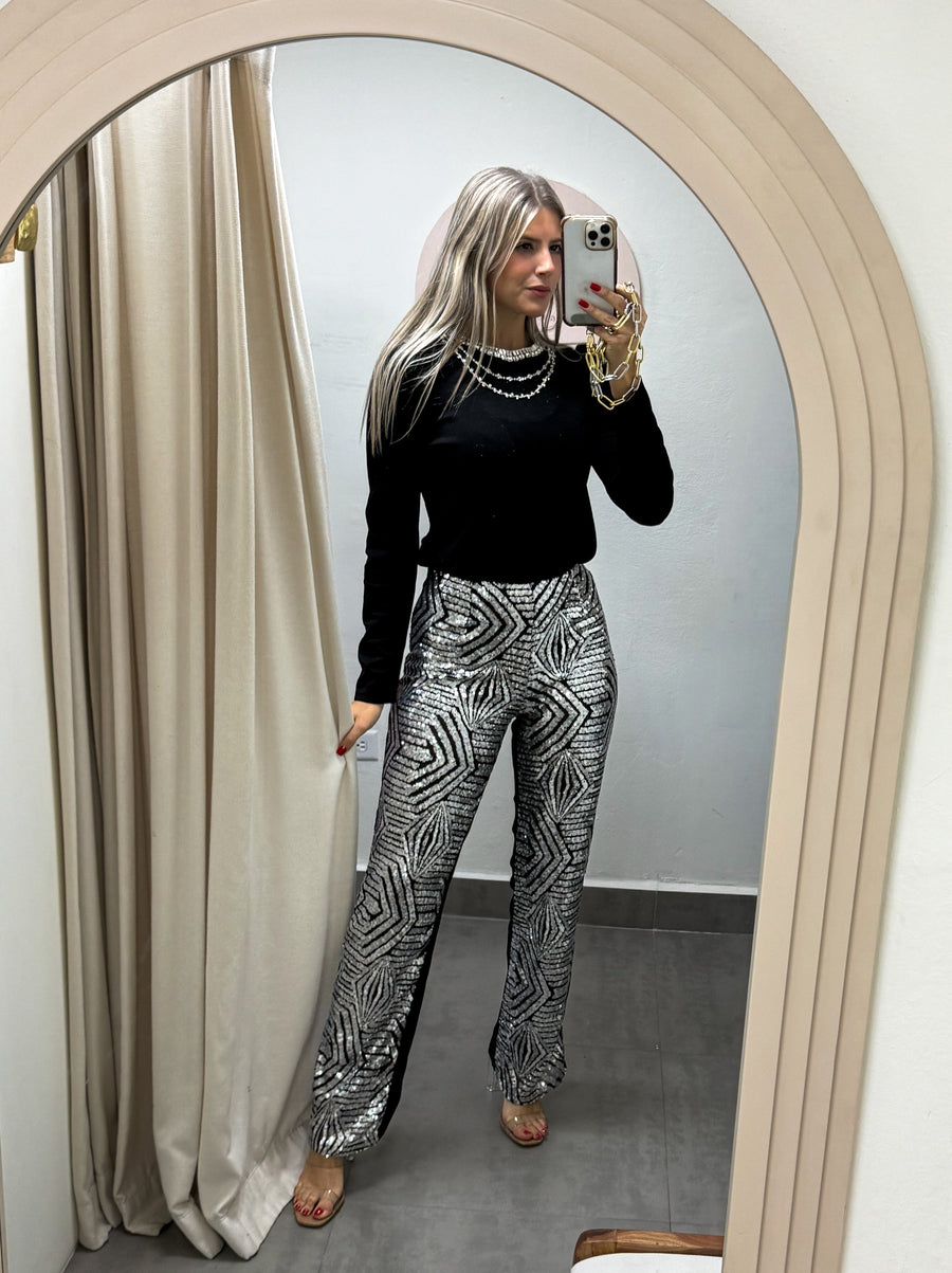 BLACK/SILVER SEQUIN STRETCHY PANTS