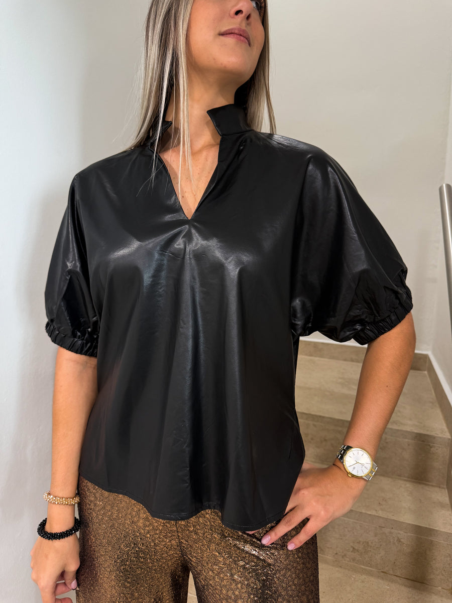 BLACK PU LEATHER BLOUSE