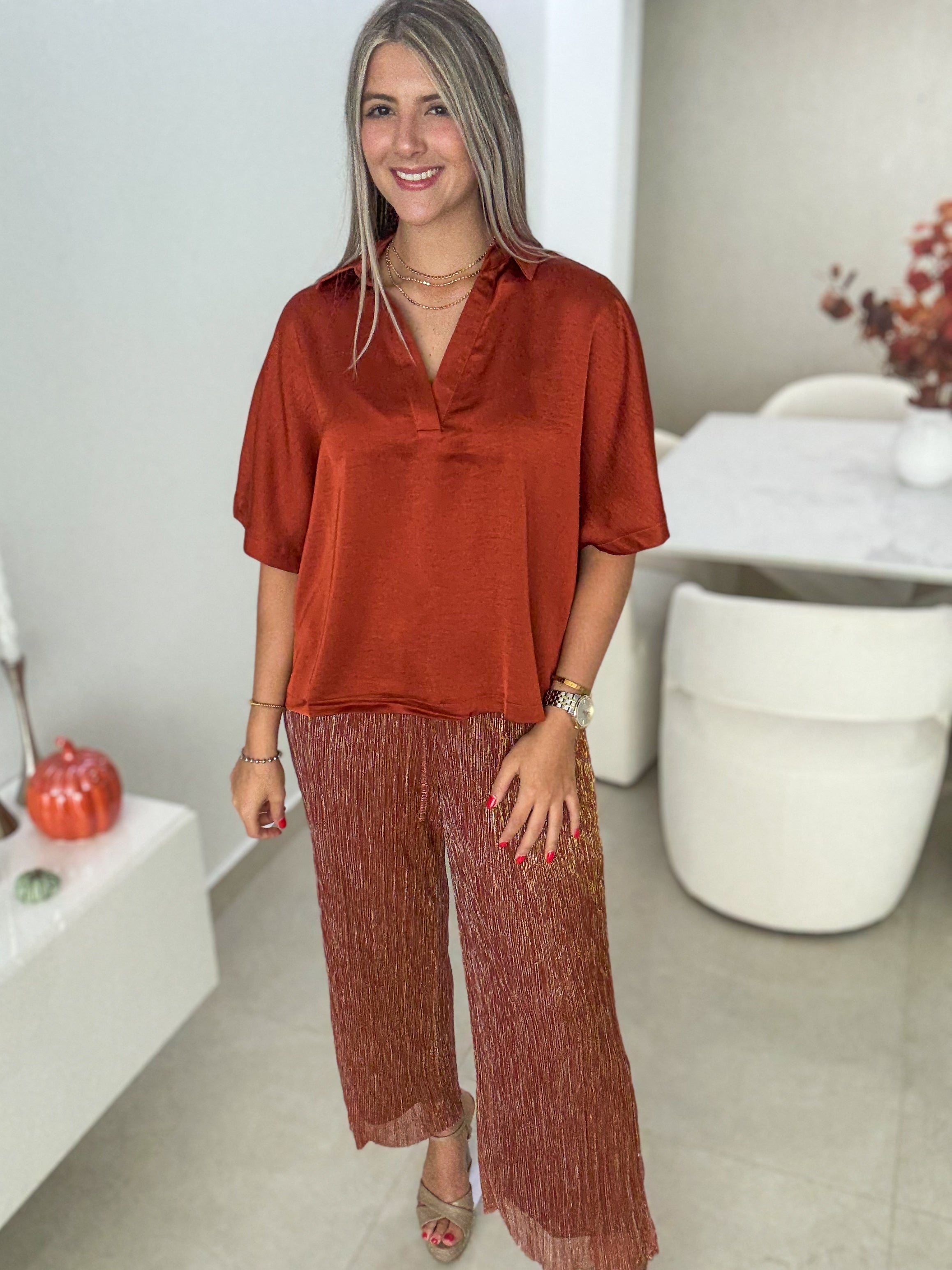 RUST SATIN V-NECK TUNIC BLOUSE