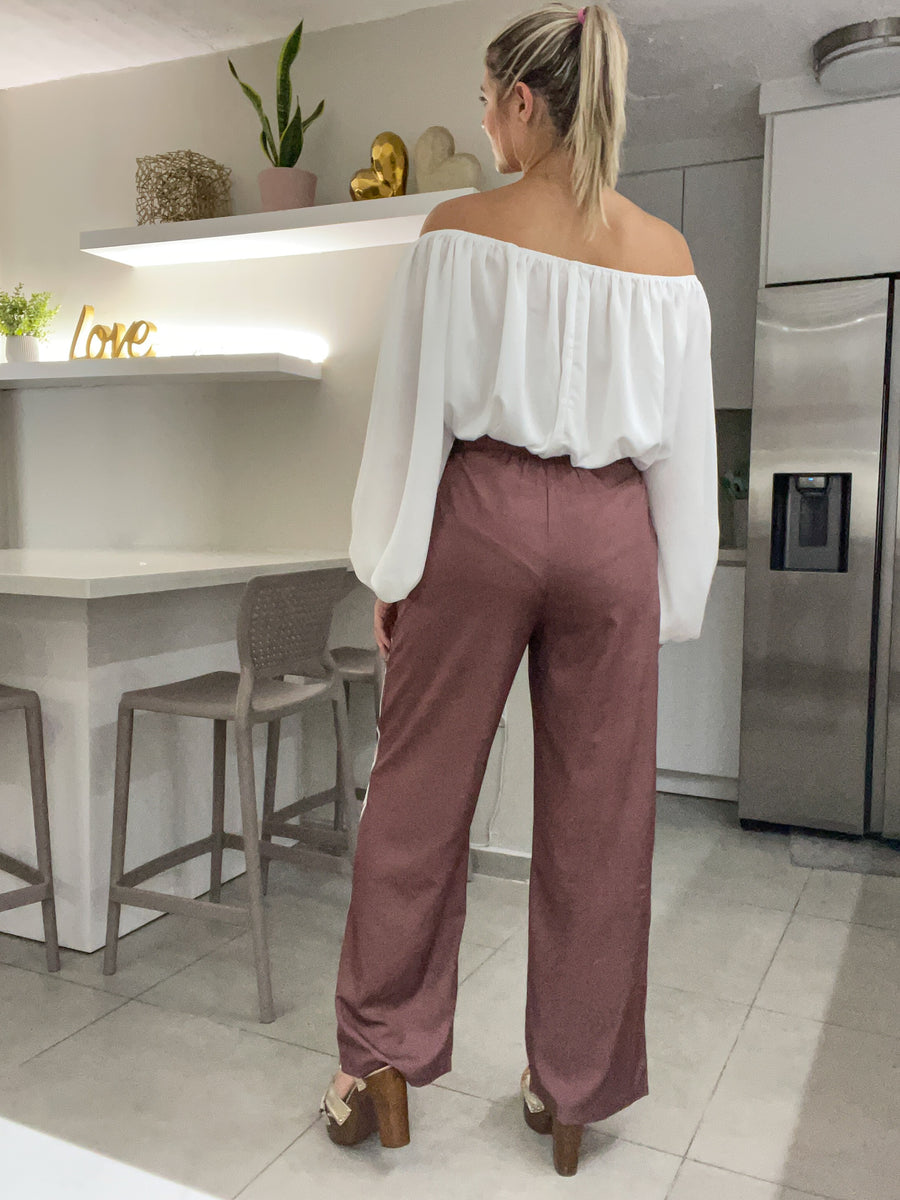 BROWN SIDE DETAILED WIDE LEGGED PANTS